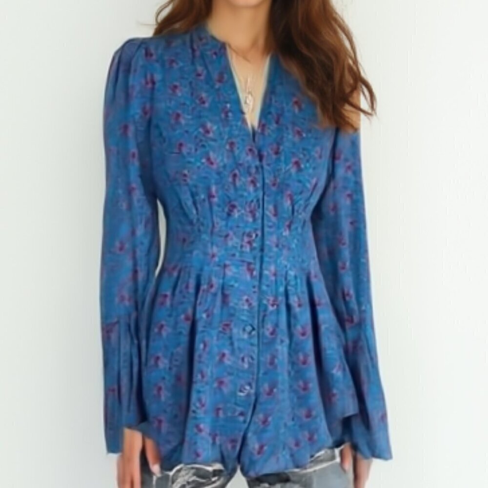 Pins & Needles Blue Floral Peplum Top - Small Boho Cottagecore